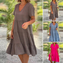 Laden Sie das Bild in den Galerie-Viewer, Schlichtes Kleid aus Baumwollleinen mit V-Ausschnitt