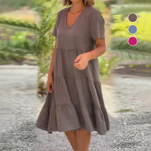 Laden Sie das Bild in den Galerie-Viewer, Schlichtes Kleid aus Baumwollleinen mit V-Ausschnitt