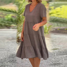Laden Sie das Bild in den Galerie-Viewer, Schlichtes Kleid aus Baumwollleinen mit V-Ausschnitt