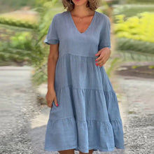 Laden Sie das Bild in den Galerie-Viewer, Schlichtes Kleid aus Baumwollleinen mit V-Ausschnitt
