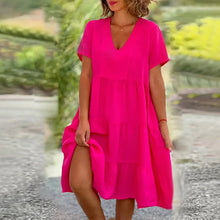Laden Sie das Bild in den Galerie-Viewer, Schlichtes Kleid aus Baumwollleinen mit V-Ausschnitt

