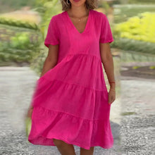 Laden Sie das Bild in den Galerie-Viewer, Schlichtes Kleid aus Baumwollleinen mit V-Ausschnitt
